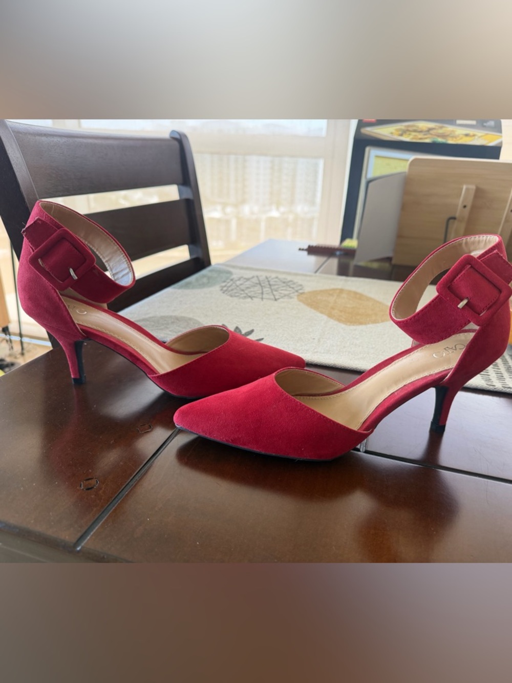 Cato Red Suede Pointed D'Orsay Heels with Ankle Strap Velcro Buckle